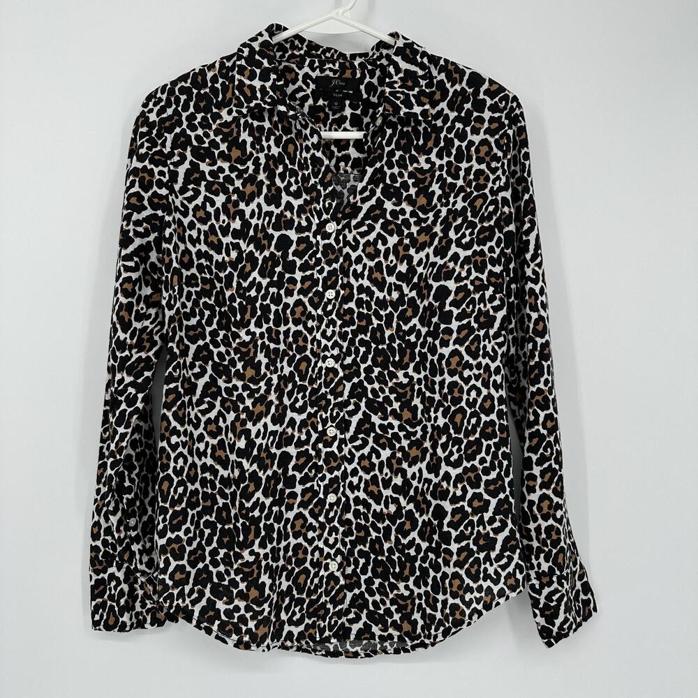 J Crew Shirt Womens 0 Leopard Print Linen Cotton Button Front Slim Preppy